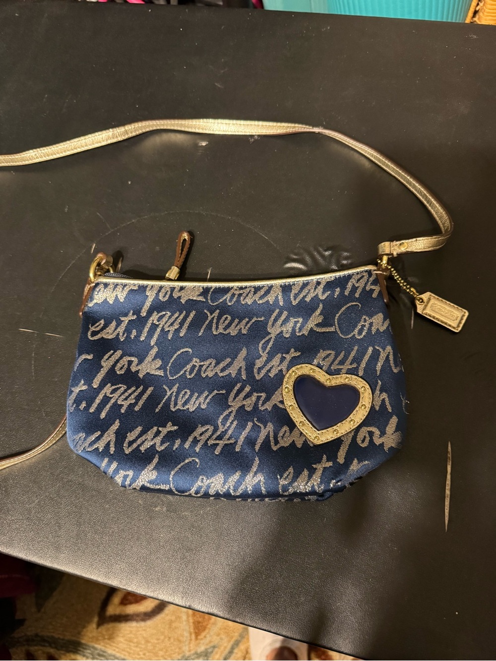 Coach Navy Script Crossbody with Gold Heart Accent